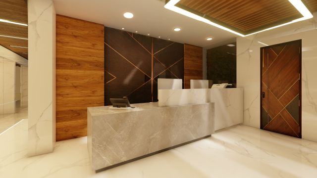 Contemporary Office Reception With Stone Finish Table
